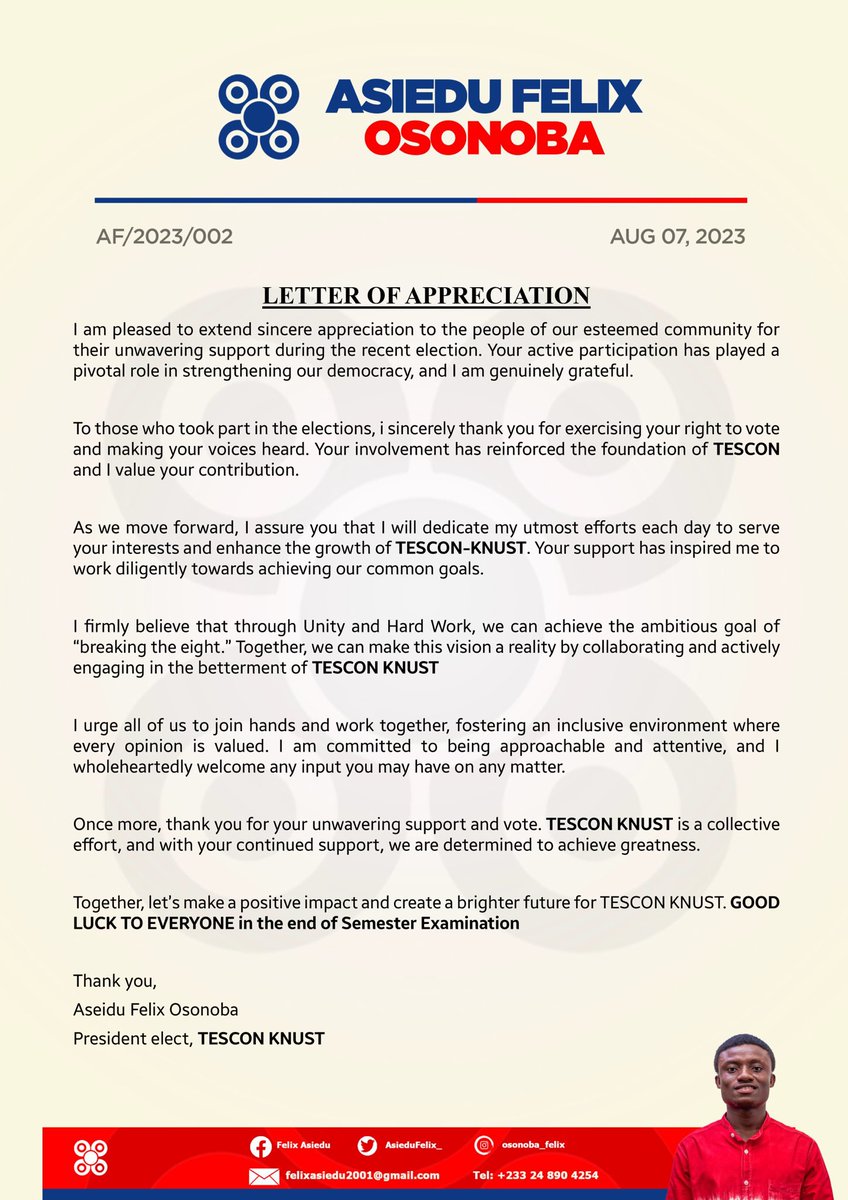 AsieduFelix_'s tweet photo. Thank You All for your support God richly bless us all. 🙏🏾
Good Luck in the end of semester examination.
A NEW PHASE WILL BE DELIVERED
OsonoBa ASIEDU FELIX
TESCON-KNUST PRESIDENT ELECT
#osonobacares🐘❤️🤍💙
#GodHasAnInterest
#NotByMight
#TesconDaakye https://t.co/JsS2iA1Mbi