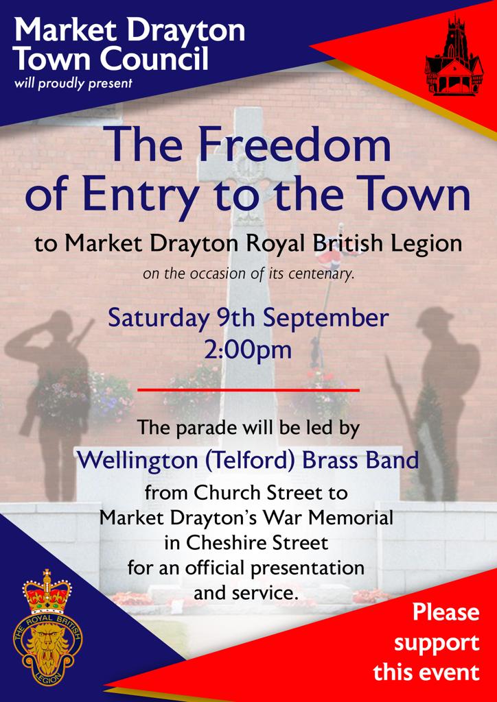 Open invite for any RBL / Veteran to join Market Drayton RBL Branch at their parade on Saturday 9th Sept at 2pm. The Freedom of Entry to the Town will be granted to to them. Dress - Suit or Jacket / Blazer and tie with medals. Entertainment in the RBL Club after the parade.