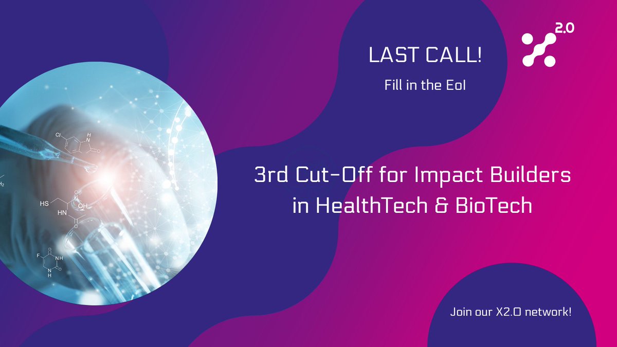 X2_0_EU's tweet photo. Last call for #ImpactBuilders in #HealthTech & #BioTech
Are you an expert and service provider? Support the most innovative startups, establish business relationships, and join our community for networking opportunities!
EoI🟣👉https://t.co/sG4gtQsgBZ
#DrivingDeeptechGrowth https://t.co/Oqjt4AmejR