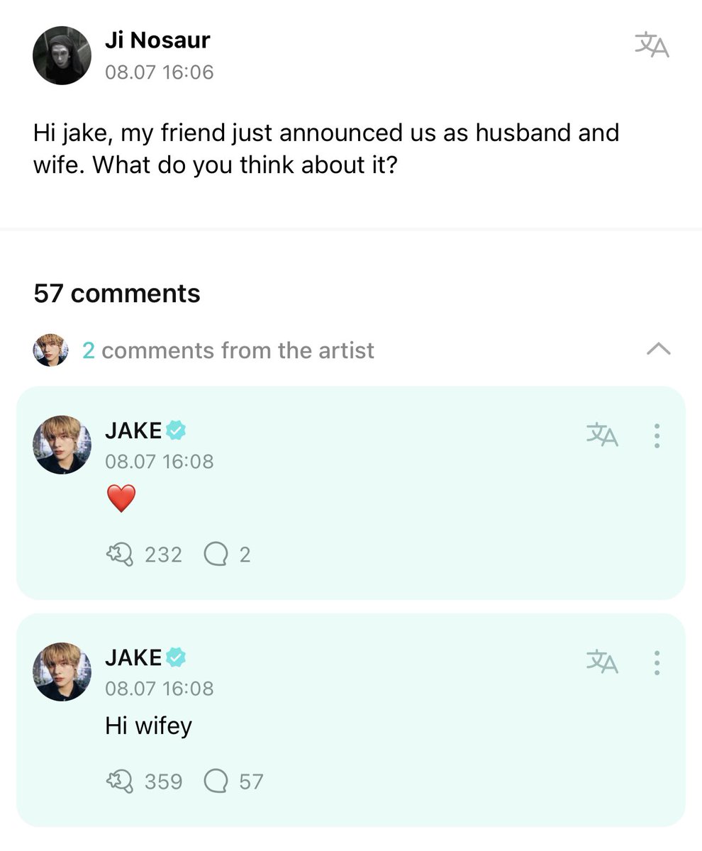 [ #제이크’s Reply ] 230807

OP: Hi jake, my friend just announced us as husband and wife. What do you think about it?
 
🐺: Hi wifey 
🐺: ❤️

<a href="/ENHYPEN_members/">ENHYPEN</a> <a href="/ENHYPEN/">ENHYPEN OFFICIAL</a> #ENHYPEN #엔하이픈 #JAKE
