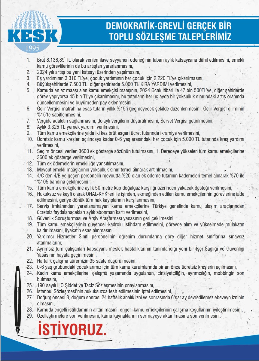 📋Demokratik, grevli, gerçek bir #TİS Taleplerimiz! 
#BirlikteKazanacağız (Yayınlarımız için: kesk.org.tr/2023/07/15/202…)
✔ Brüt 8.138,89 TL olarak verilen ilave seyyanen ödeneğinin taban aylık katsayısına dâhil edilmesini, emekli kamu görevlilerinin de bu artıştan yararlanmasını
