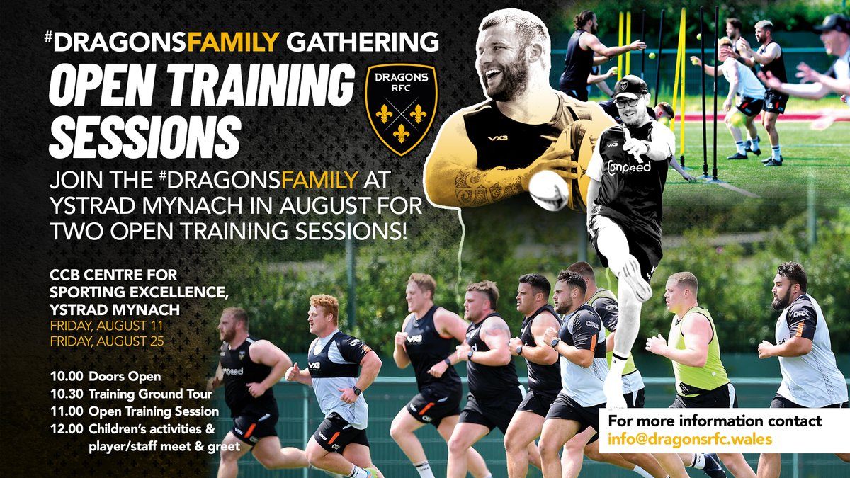 🐉 𝙁𝘼𝙉 𝙀𝙑𝙀𝙉𝙏𝙎 | This Friday! Our first Open Training Session takes place at our training HQ at Ystrad Mynach 🙌

🏉 Open Training
🏟️ Training Ground tours  
🤝 Meet the Dragons
😁 Children’s activities

Enjoy the summer holidays with us! ⤵️ 

#WeAreGwentRugby