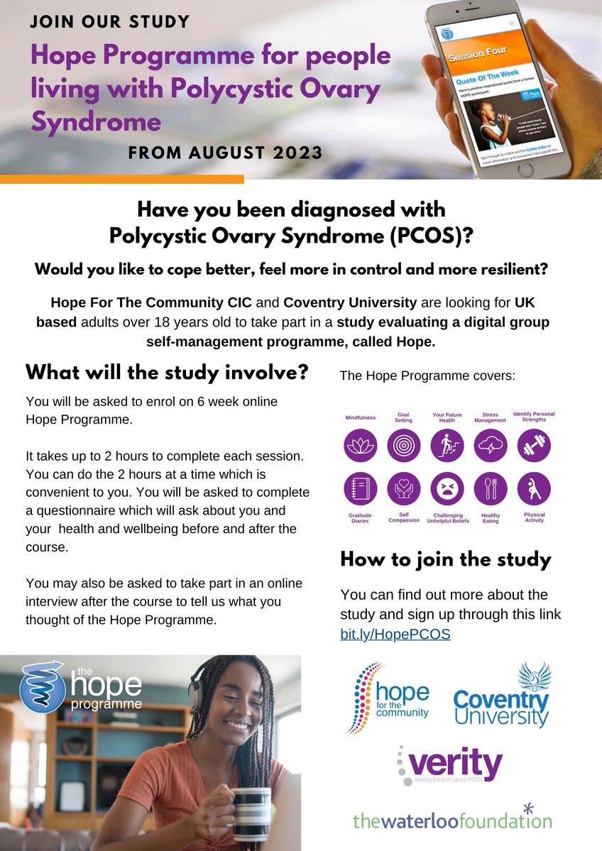 Carol Percy (@drcarolpercy) on Twitter photo Free places for UK based adults: Coventry University testing an evidence based online PCOS wellbeing programme. #Wellbeing #Anxiety #Depression #PCOS #PCOSResearch Find out more and sign up at bit.ly/HopePCOS Programme starts soon: 11th August.
<a href="/cystersgroup/">Cysters 🎗 🍉 ✊🏿</a> <a href="/DaisyPcos/">DAISy-PCOS</a> Free places for UK based adults: Coventry University testing an evidence based online PCOS wellbeing programme. #Wellbeing #Anxiety #Depression #PCOS #PCOSResearch Find out more and sign up at bit.ly/HopePCOS Programme starts soon: 11th August.
<a href="/cystersgroup/">Cysters 🎗 🍉 ✊🏿</a> <a href="/DaisyPcos/">DAISy-PCOS</a>