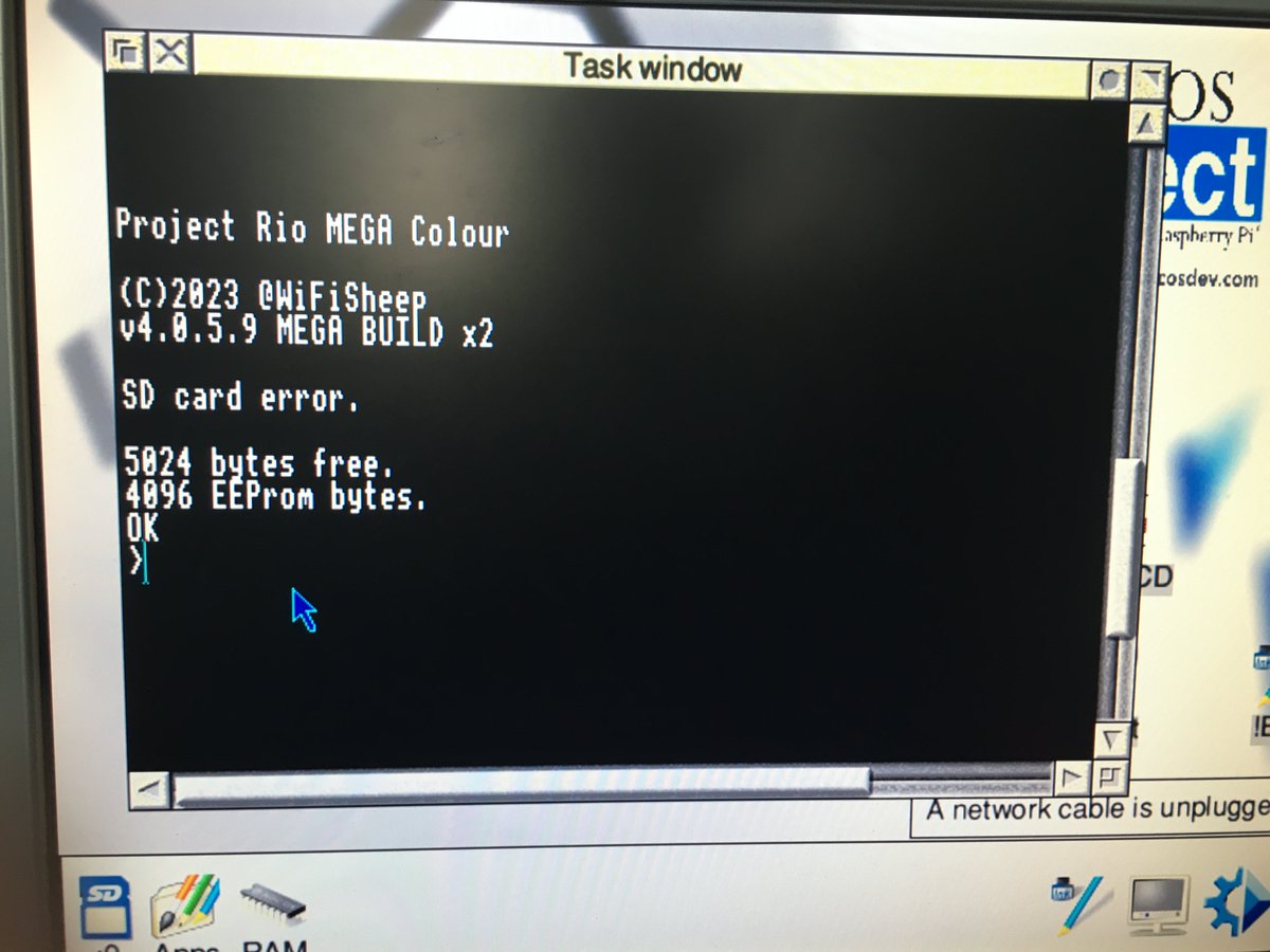 WiFiSheep's tweet photo. Bit of a development this morning! This is #RISC_OS on the #raspberrypi 400 talking to a clone #8bit #Arduino Mega & running #ProjectRIO / #tinyBASIC via #CH340 USB serial driver... this might actually have a use case! https://t.co/aAFOkFphWD