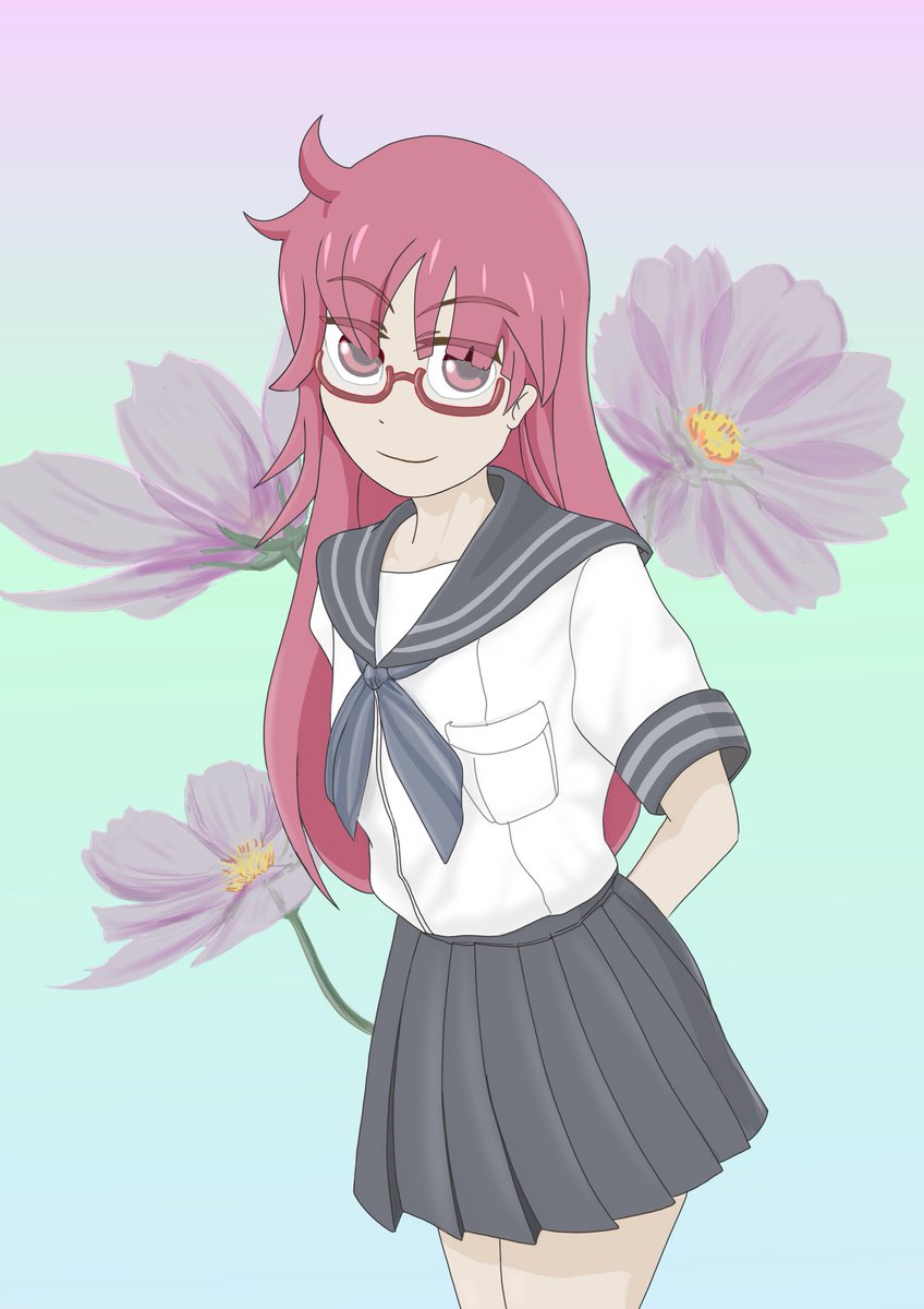 1girl solo school uniform glasses flower long hair red hair  illustration images