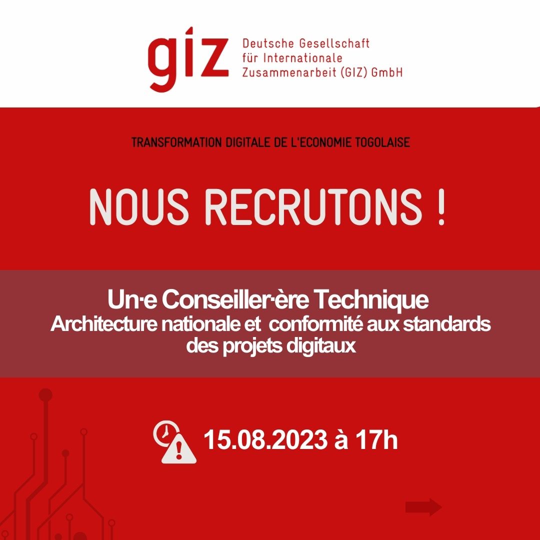 PCarelle's tweet photo. #ProDigiT I @giz_gmbh I @BMZ_Bund  #recrute un·e Conseiller·ère Technique en "Architecture nationale et conformité des projets digitaux" pour l’#ATD de @NumeriqueTG !
Jusqu'au 15.08 I📧rh-giztogo@giz.de
⚠Candidatures féminines et des personnes handicapées encouragées. https://t.co/6TxKI4UQz1