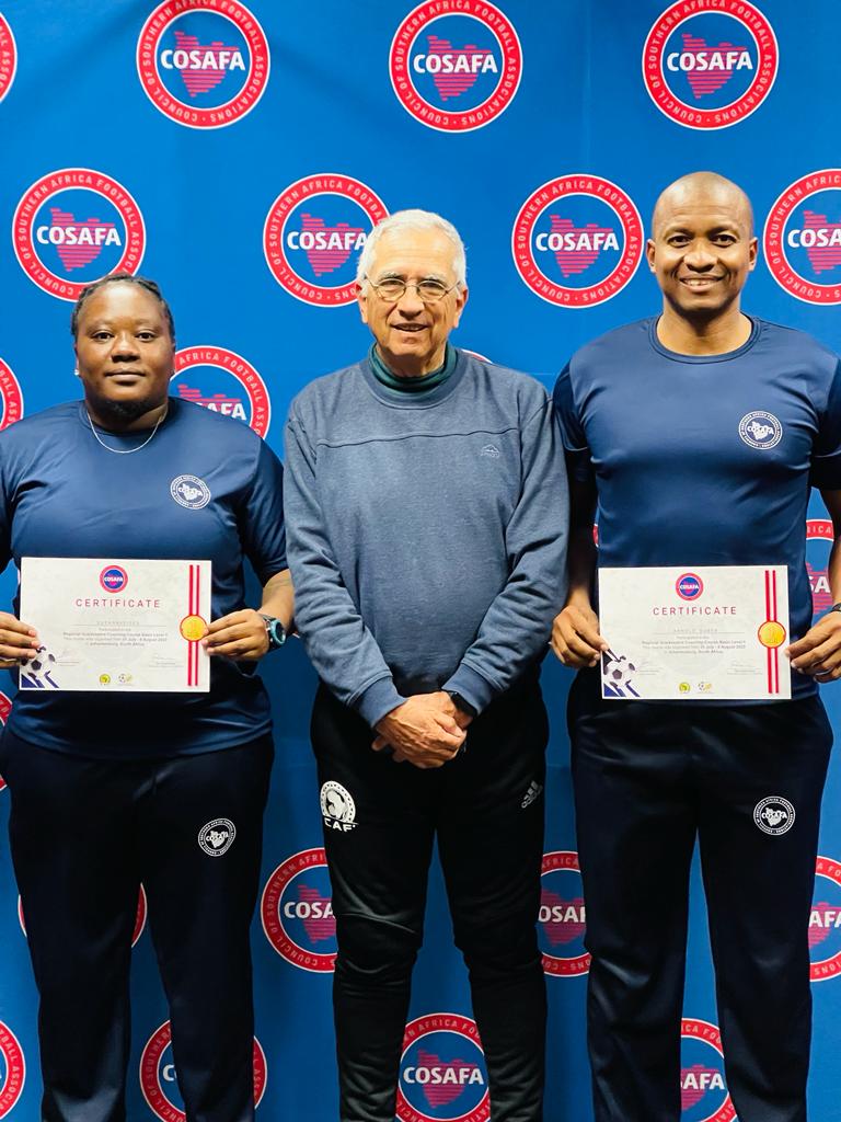Officially Certified 👏🏿👏🏿 After 6 days of enhancing their goalkeeping skills and knowledge at the COSAFA Regional Goalkeepers' Coaching Course with FIFA/CAF instructor, Alejandro Heredia, Coaches, Arnold Subeb and, Susanna Eises were awarded with certificates on Saturday.