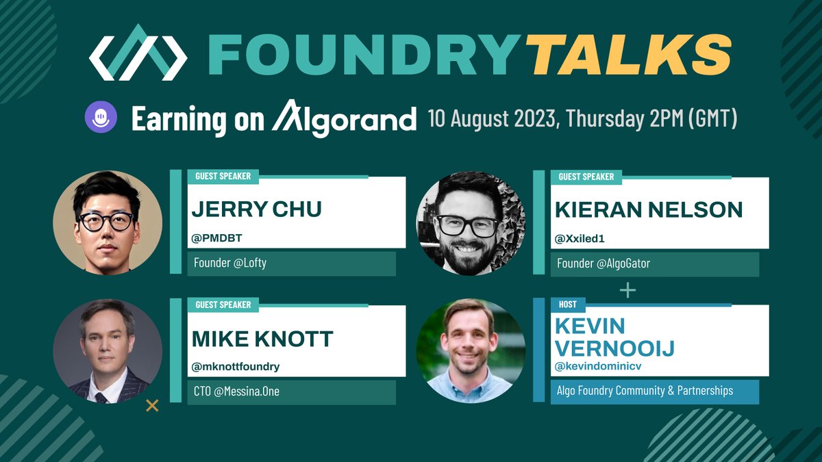 📢 Join us on #FoundryTalks this week! 🏗️ We will explore earning opportunities on @Algorand with @PMDBT @xxiled1 @mknottfoundry. Don't miss it! comment your questions for a chance to earn a 1-month premium membership from @TeamAlgogator 🎖️ twitter.com/i/spaces/1OwGW…