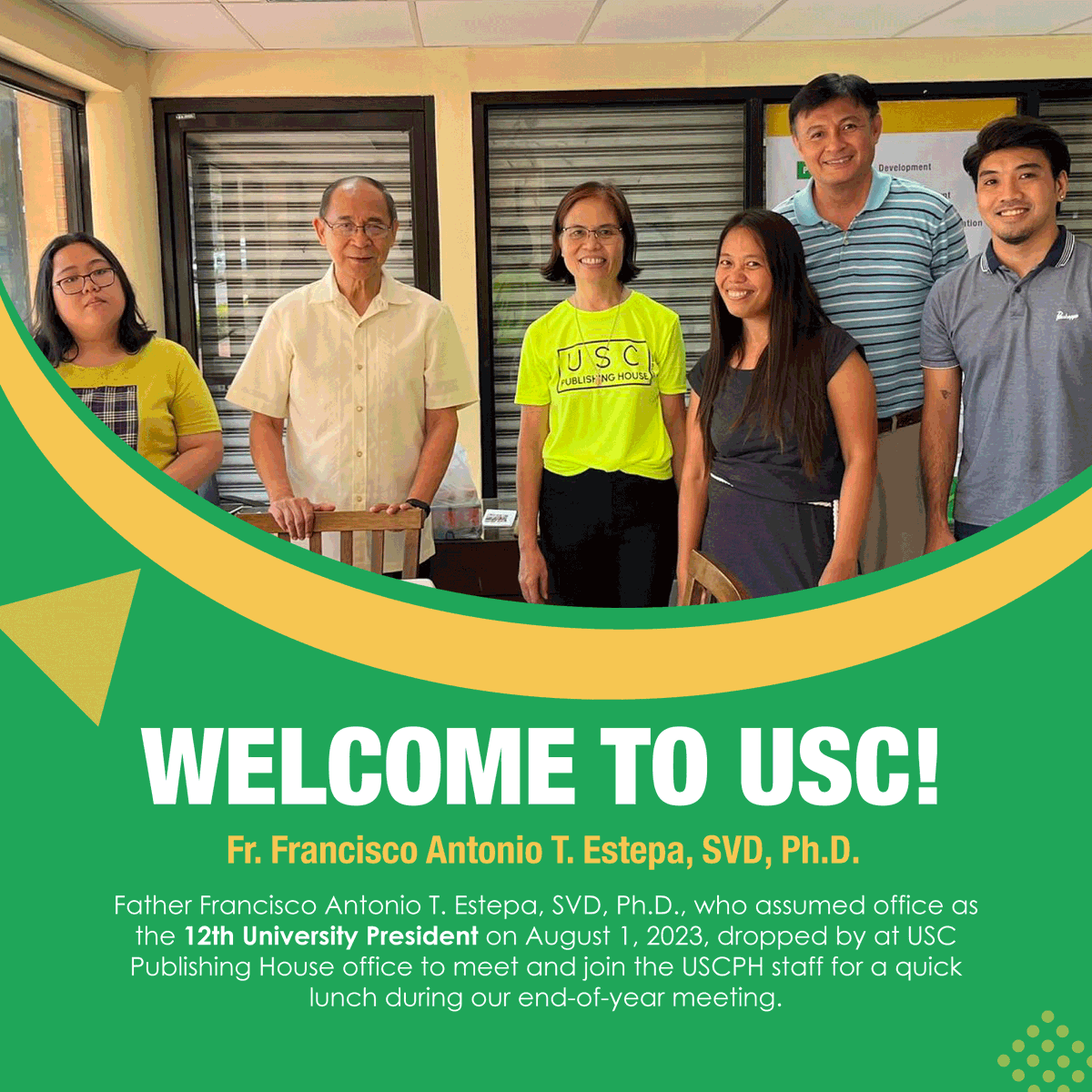 USCPublishing's tweet photo. #EducationWithAMission
#WitnessToTheWord
Fr. Francisco Antonio T. Estepa, SVD, Ph.D., the 12th University President, visited our office. https://t.co/VU7QcdSOiQ