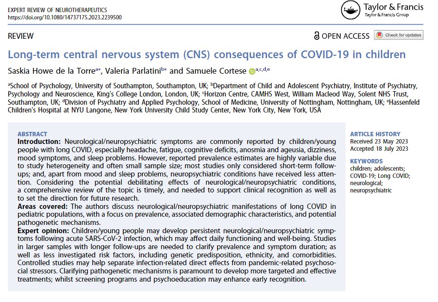 Long-term central #nervous system consequences of #COVID-19 in #children. Out in Expert Reviews of  Neurotherapeutics, led by our student Saskia Howe de la Torre from <a href="/SotonPsych/">Psychology at Soton</a> and Valeria Parlatini from <a href="/KingsIoPPN/">Institute of Psychiatry, Psychology & Neuroscience</a> 
tandfonline.com/doi/full/10.10…