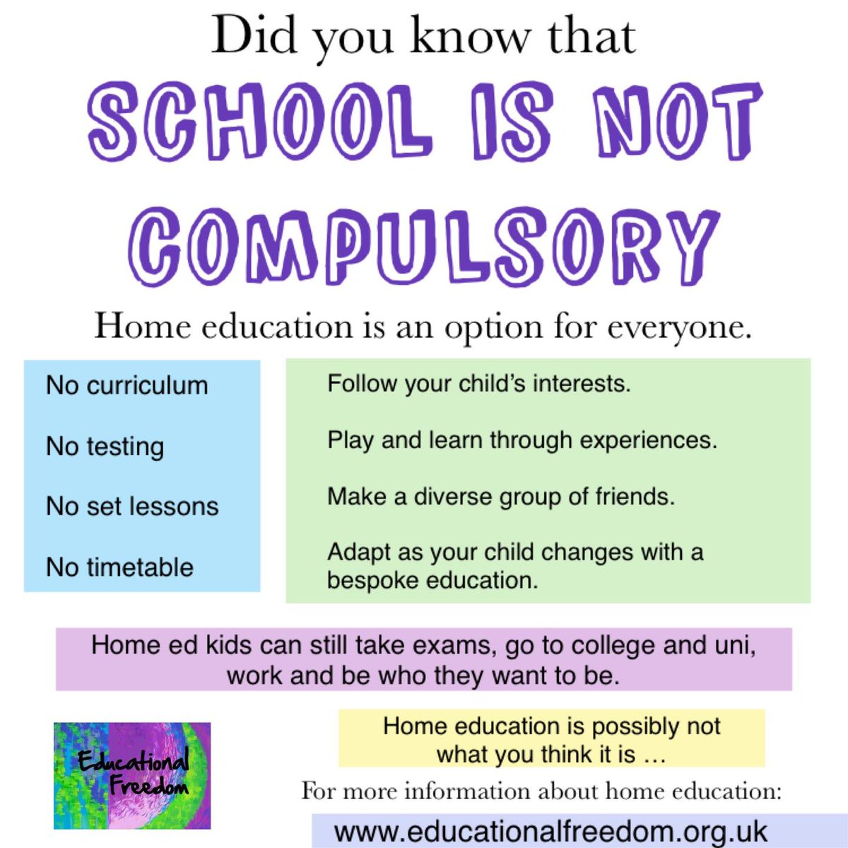 Are you considering home education for the new school year? Remember school is not compulsory. Home education isn’t school at home, it can be anything you want and the child needs it to be. #homeeduk #learnathome