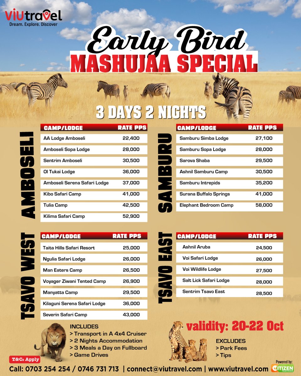 🏝️🌟 Unleash Your Adventurous Spirit! 🌍🦁
Embark on an unforgettable journey with <a href="/Viutravel/">Viutravel</a> Early Bird 𝐌𝐀𝐒𝐇𝐔𝐉𝐀𝐀 𝐒𝐩𝐞𝐜𝐢𝐚𝐥 𝐒𝐚𝐟𝐚𝐫𝐢 𝐎𝐟𝐟𝐞𝐫𝐬 from just 𝐊𝐬𝐡 𝟐𝟐,𝟒𝟎𝟎𝐏𝐏𝐬! 🐾🌅 

👉 Limited slots available🎟️🐘

📲0703254254 𝐎𝐑 0746731713 
#viutravel