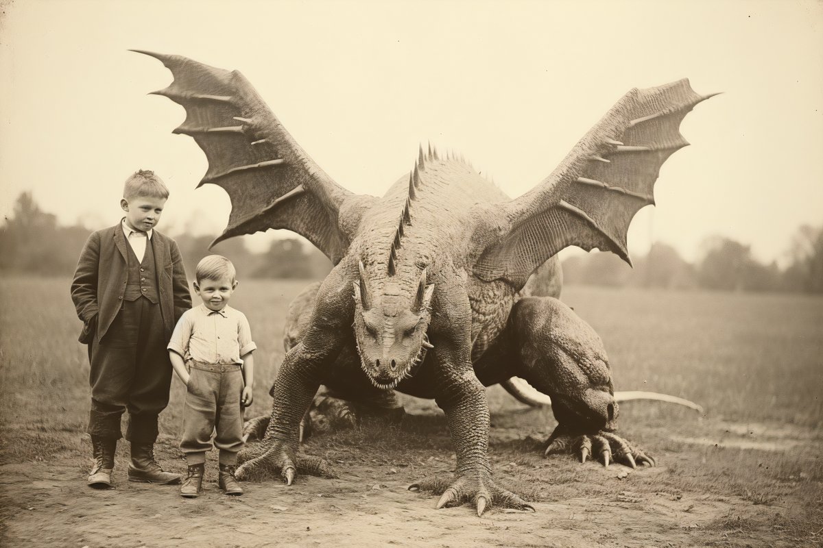 punqstore's tweet photo. Two little boys posing together with a dragon, 1950s. Created with Midjourney AI &amp; edited with Photoshop.
#punq #AIart #midjourney #AIArtwork #aiartcommunity #MidjourneyAI #midjourneyart #midjourneyartwork #midjourneyV52 https://t.co/scLXXW0D9w