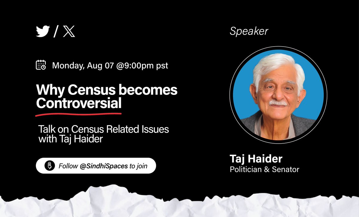 Sindhi Spaces (@sindhispaces) on Twitter photo 📢 Join us for a thought-provoking Space on Aug 7, 2023, at 9:00 PM PST as we delve into the reasons behind the controversy surrounding Census with <a href="/Sen_TajHaider/">Taj Haider</a>! Gain insights into the issues related to Census and its implications. Don't miss this enlightening discussion! 📢 Join us for a thought-provoking Space on Aug 7, 2023, at 9:00 PM PST as we delve into the reasons behind the controversy surrounding Census with <a href="/Sen_TajHaider/">Taj Haider</a>! Gain insights into the issues related to Census and its implications. Don't miss this enlightening discussion!