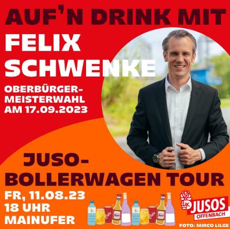 JusosOF's tweet photo. Wir laden euch ein! Diesen Freitag am Mainufer mit unserem Oberbürgermeister-Kandidaten Felix Schwenke🌞🥤🍹 
Bringt Eure Fragen und Anregungen mit 😎
#069 #DieseJungenLeute #OBWahl2023 #FelixSchwenke #OffenbachsChancenNutzen #Offenbach https://t.co/GSbNwYv3dM