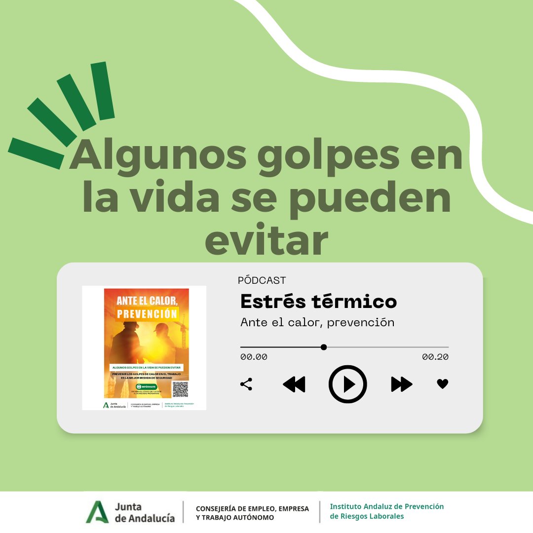 IAPRL's tweet photo. Con el objetivo de sensibilizar en el ámbito laboral a empresas y personas trabajadoras frente al riesgo por calor en Andalucía, #IAPRL crea este pódcast sobre el estrés térmico 🌡️🌞

Aquí podrás escucharlo ➡️ https://t.co/dLoh3nH4xQ

Ante el calor, #prevencion. 

#iaprl #cprl https://t.co/g8REzCOlec