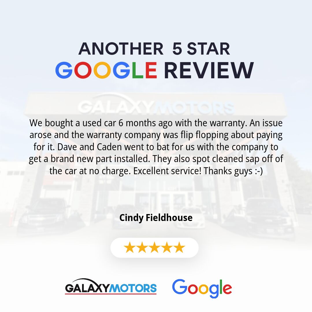 Another 5 Star Google Review! Thank you for working with us Cindy Fieldhouse.
#5StarGoogleReview #GalaxyMotors