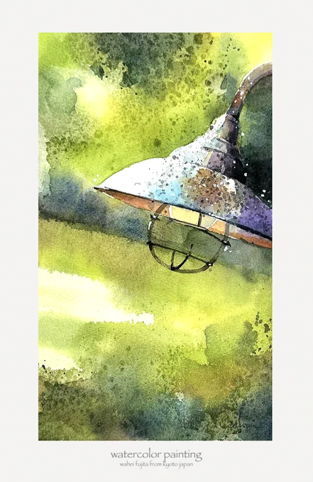 カフェのランプシェード再び。 #Watercolor #スケッチ #水彩画 #水彩画ワークショップ #京都の絵画教室 #淡彩略画 #透明水彩 #京都水彩画塾 #藤田わへい