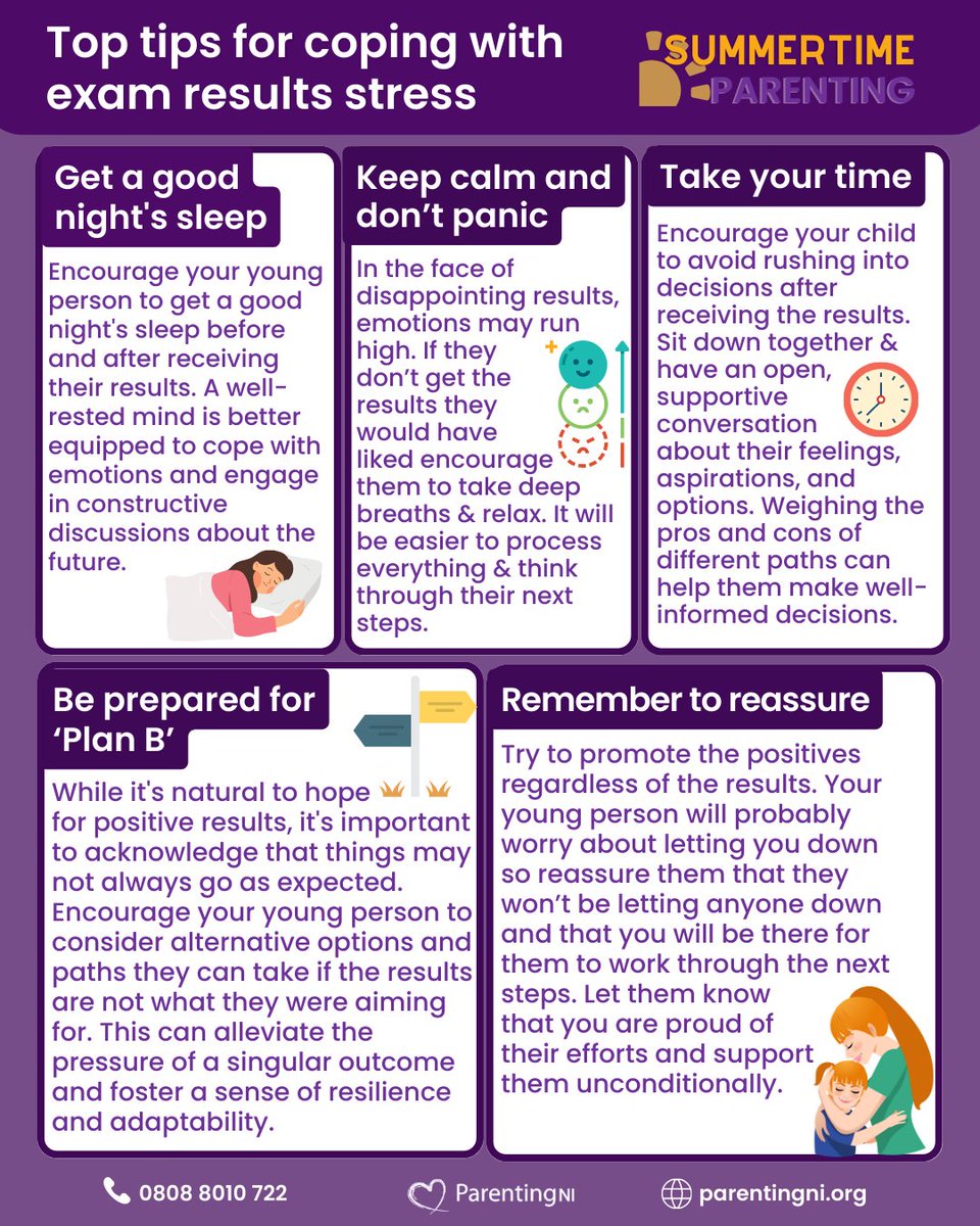 Exam results days are almost here! Here are some top tips on how you can ease your own stress and help your young person on results day. Don’t forget we are here if talking it over would help, call 0808 8010 722 or use our webchat service. @ED_Authority @education_ni @parentkind