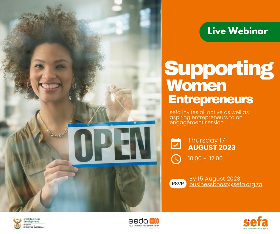 TheRealSEFA's tweet photo. #sefaevents 
#sefa is hosting a Woman Entrepreneurs Webinar. This webinar is dedicated to inspiring and empowering women entrepreneurs to achieve their dreams. 
🗓️ Date: 17 August 2023
⏰ Time: 10:00 AM 
RSVP now and secure your spot! 
#womeninbusiness #entrepreneurship #SMMEs https://t.co/rUu4A2UzO8