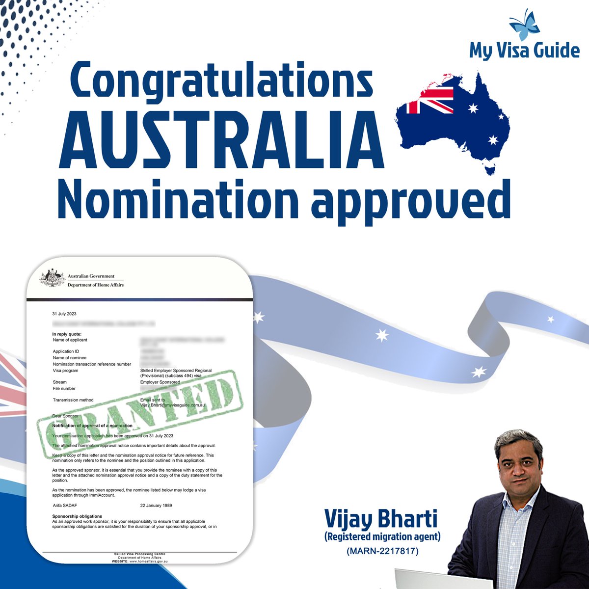 MyVisaGuide's tweet image. Congratulations AUSTRALIA NOMINATION APPROVED...!
MVG
+91 92357-00008, +91 92367-00008
Australia
+61 - 416582024, +61- 436560607
#australiastudypermit #AustraliaPR #student #UKStudentVisa #canada #australia #sydneyaustralia #canadaimmigration #canadastudyvisa #workingholidayvisa