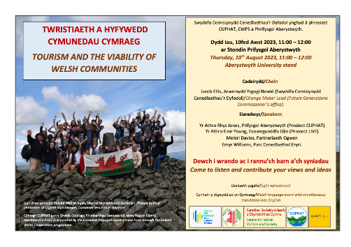 2) Twristiaeth a Hyfywedd Cymunedau Cymraeg Amser: 11:00 – 12:00 Dyddiad: Dydd Iau – 10fed o Awst. Dewch draw i stondin Prifysgol Aberystwyth am drafodaeth ynghyd â phrosiect @CUP_HAT_ @CWPSAber a @Prifysgol_Aber Cyfieithu ar y pryd ar gael. #eisteddfod2023