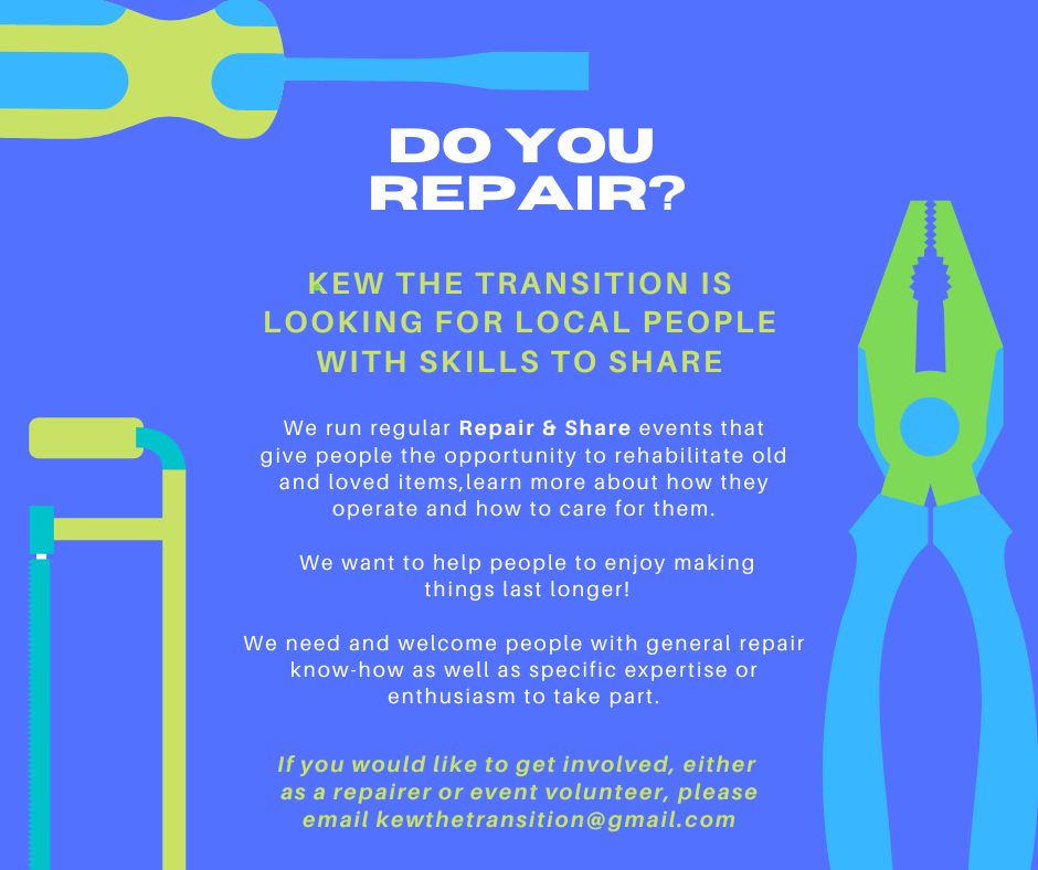 KewTransition's tweet image. We are ready to welcome new #Repairers for our next #RepairAndShare event in September. Do you have skills to share? Get in touch today!