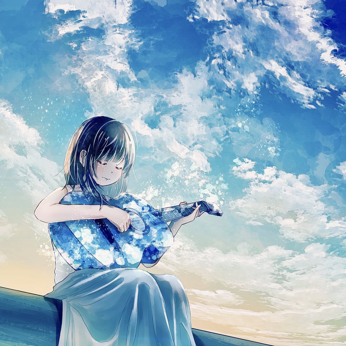 1girl instrument solo cloud sky sitting closed eyes  illustration images