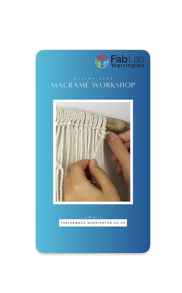 FablabWarrBCA's tweet image. Have you always wanted to learn to the art of Macramé? Come and join Gill at Fab Lab Warrington. Learn to make a different Macrame project each week. #macrame #newskills #warrington #craft #fablab