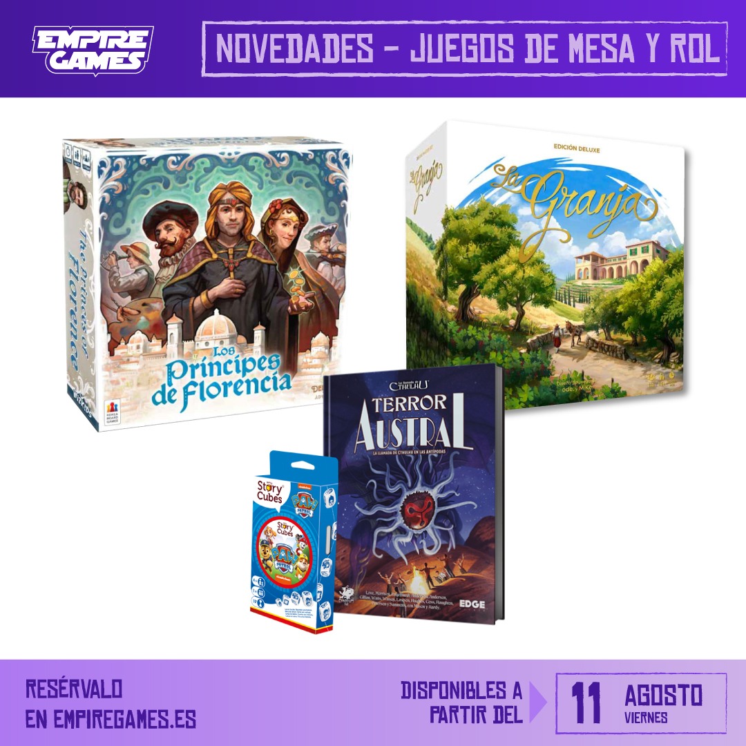 empiregames_sev's tweet photo. 📣 [NOVEDADES JUEGOS DE MESA Y ROL]

🗓️ A la venta a partir del próximo 11 de agosto:

👑 Los Príncipes de Florencia
👩‍🌾 #LaGranja (edición deluxe)
📖 La Llamada de #Cthulhu: #TerrorAustral
🐕‍🦺 #StoryCubes #PatrullaCanina

🛒 Disponibles en 👉 https://t.co/G2RvYUgHFe

#JuegoDeMesa https://t.co/Yy5gp1PTtk