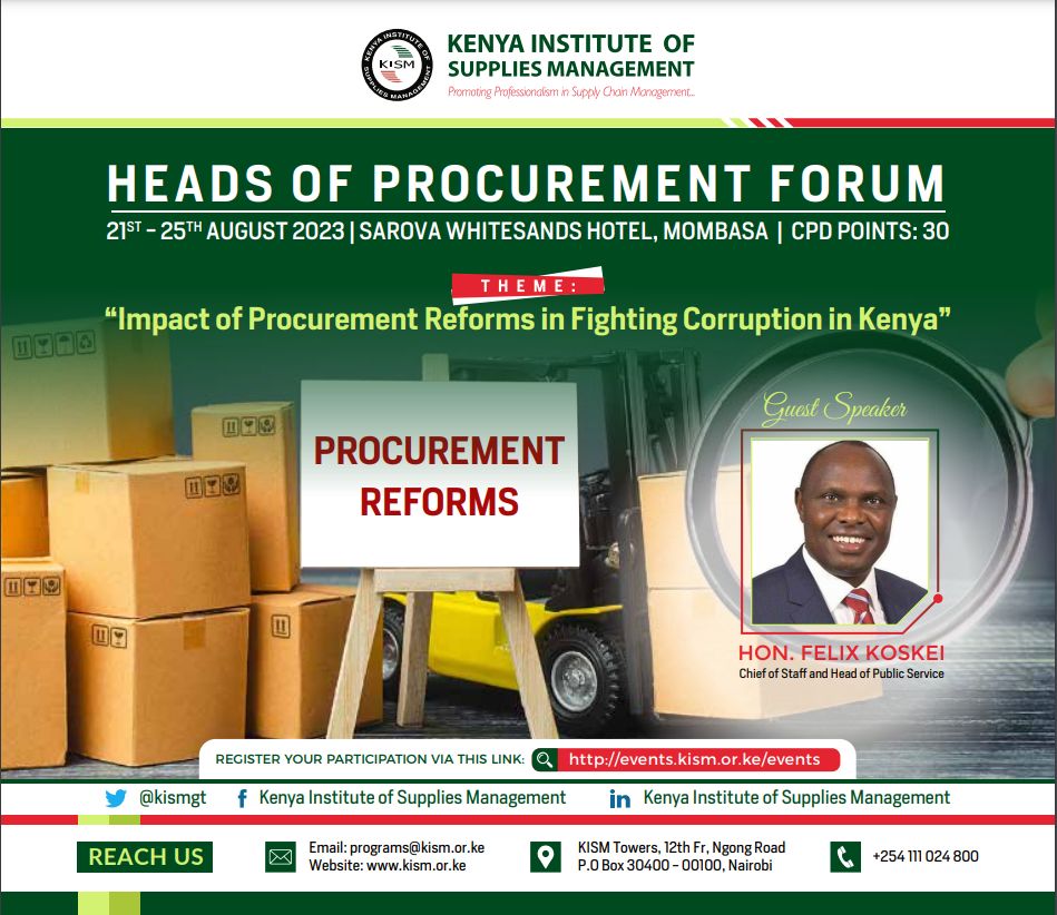 Join KISM's exclusive round table discussions on Procurement gains &amp; challenges! Learn from peers on the impact of procurement in fighting corruption in Kenya. Keynote by Hon. Felix Koskei, Chief of Staff &amp; Head of Public Service. Book now: lnkd.in/dbwe7EAZ #Procurement