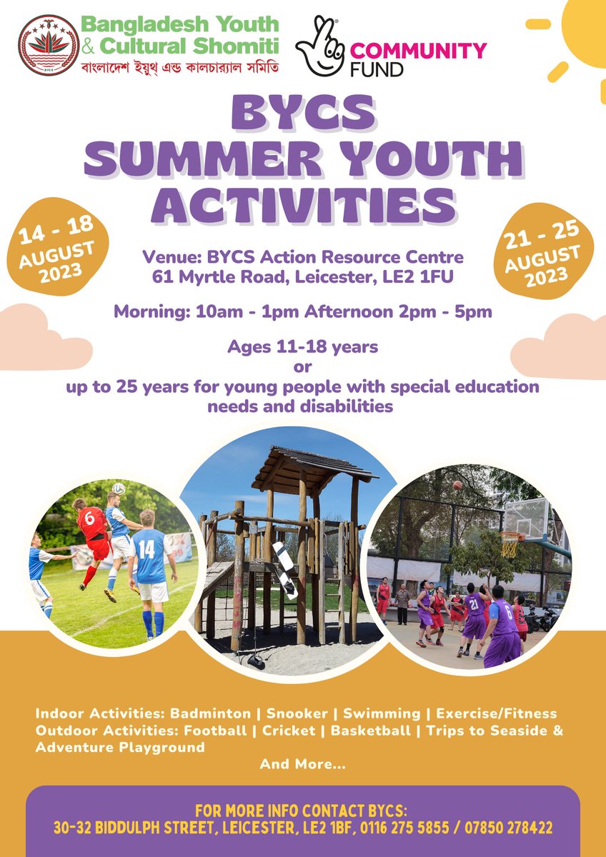 𝗕𝗬𝗖𝗦 𝗦𝘂𝗺𝗺𝗲𝗿 𝗬𝗼𝘂𝘁𝗵 𝗔𝗰𝘁𝗶𝘃𝗶𝘁𝗶𝗲𝘀
For more information, contact BYCS on 0116 275 5855.
#Leicester #Summer #YouthActivities #Activities