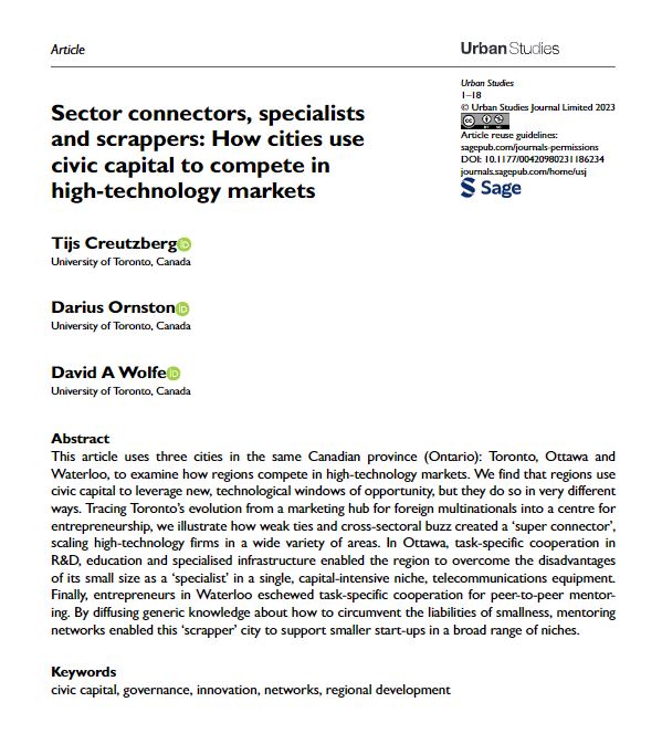New #OpenAccess article from @TijsCreutzberg, @ornston, and @Progris uses three cities from the same Canadian province, Toronto, Ottawa, and Waterloo, to examine how regions compete in high-technology markets. ow.ly/qfhA50PqVlQ #governance #innovation