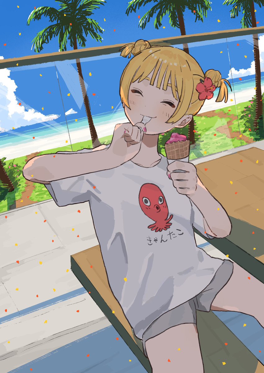 1girl solo blonde hair shirt food closed eyes ice cream  illustration images
