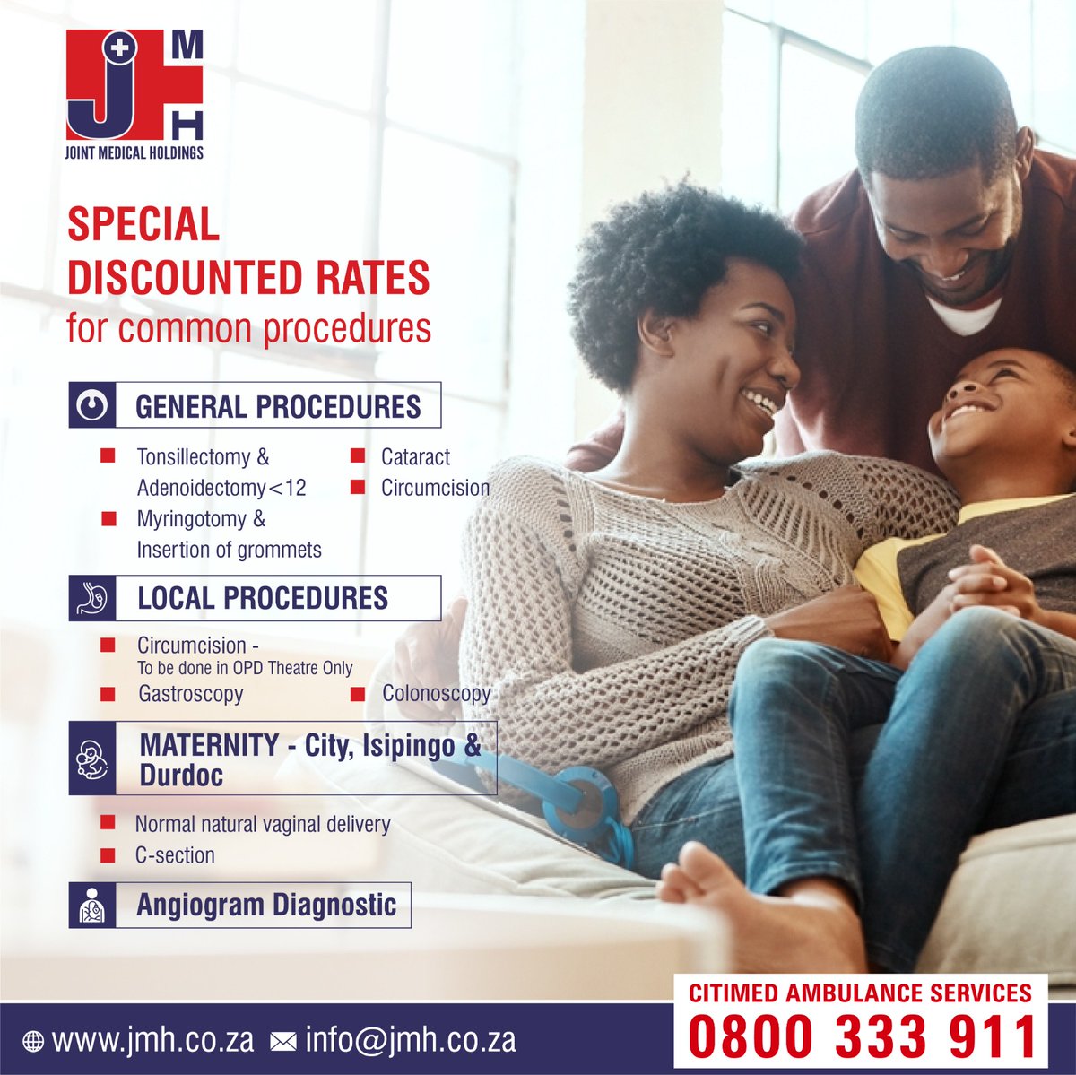 Your health, our commitment. JMH offers special discounted rates for common procedures, making quality healthcare accessible to all. For more information on discounted rates & a pricing guide visit- jmh.co.za/discountedrate…
#JMH #JointMedicalHoldings #SouthAfrica #DiscountedRates