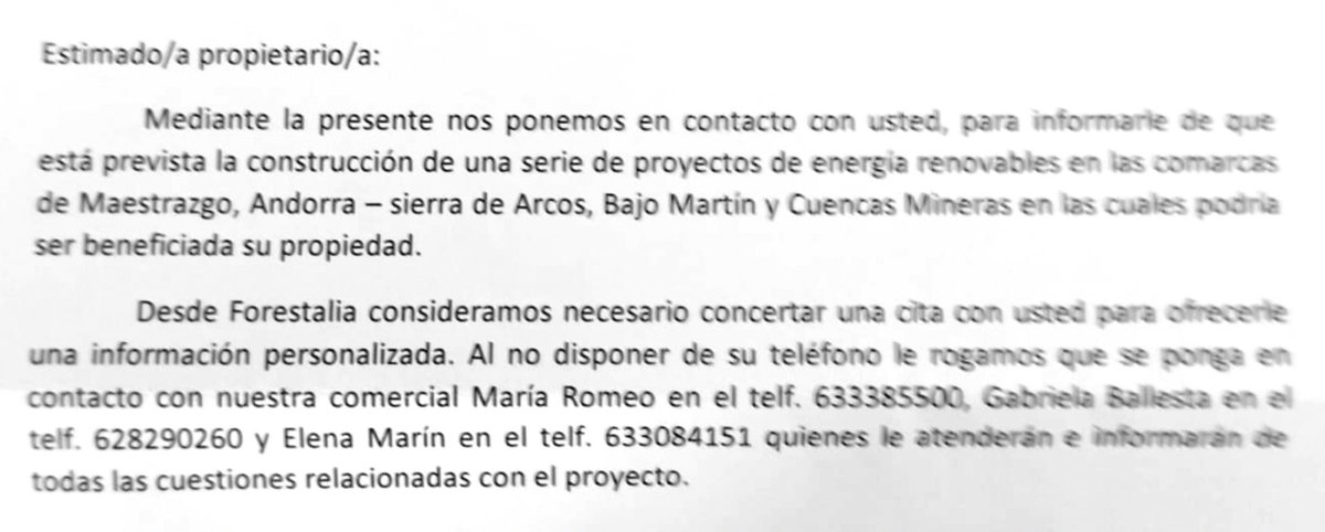 🔍 Resulta curiós el llenguatge d'aquestes cartes, on l'empresa diu que els propietaris són "beneficiados", quan aquesta infraestructura destruiria al seu pas terrenys de cultiu, ecosistemes, patrimoni, paisatge i model de vida de moltes persones que viuen al món rural