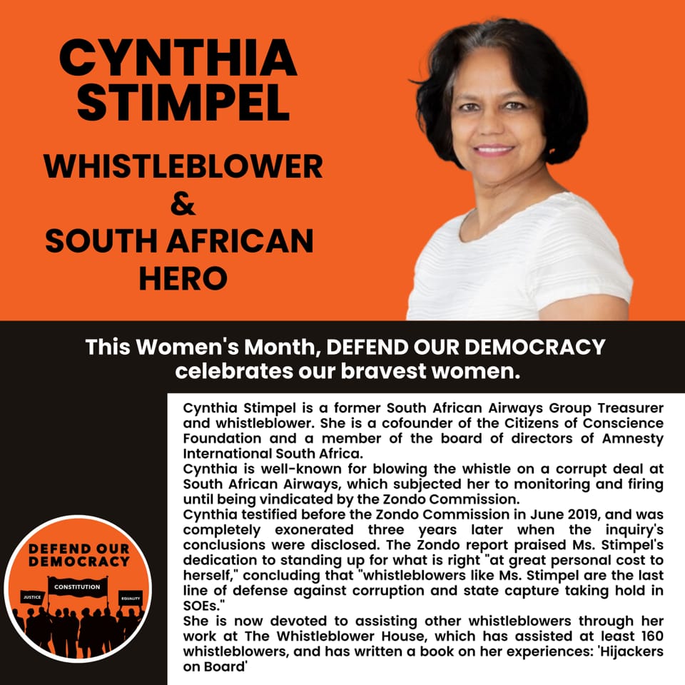 ForDemocracySa's tweet photo. This #WomensMonth, we recognise women who have stood up to corruption &amp; state capture. 
Cynthia Stimpel, who now serves on our National Committee, blew the whistle while at SAA. Through her work in civil society, she has helped others stand up to corruption.
#SAheroes https://t.co/6q2RieX7lO