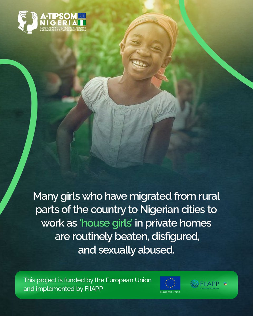 Atipsomnigeria's tweet photo. Fact about Housemaids:
Many girls who have migrated from rural part of the country to Nigerian cities to work as "House Girls" in private homes are routinely beaten, disfigured, and sexually abused.

#ATIPSOM (funded by @EUinNigeria  | implemented by @FIIAPP ) https://t.co/Er0BhHFbkX