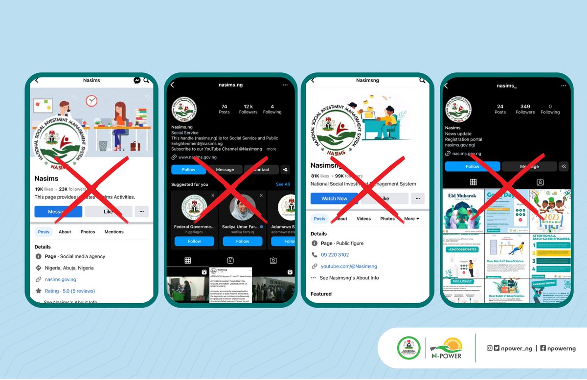 DISCLAIMER ALERT 🚨 

Kindly adhere strictly to news/updates on our verified social platforms ONLY! 

Our verified social media platforms are listed below ⬇️ 

Facebook: Npowerng, Nasims 

Instagram: <a href="/npower_/">NPower1</a> ng @nasims_ng 

Twitter: <a href="/npower_ng/">N-Power</a> <a href="/NasimsNg/">NASIMS</a>

 #staynpowered #npower