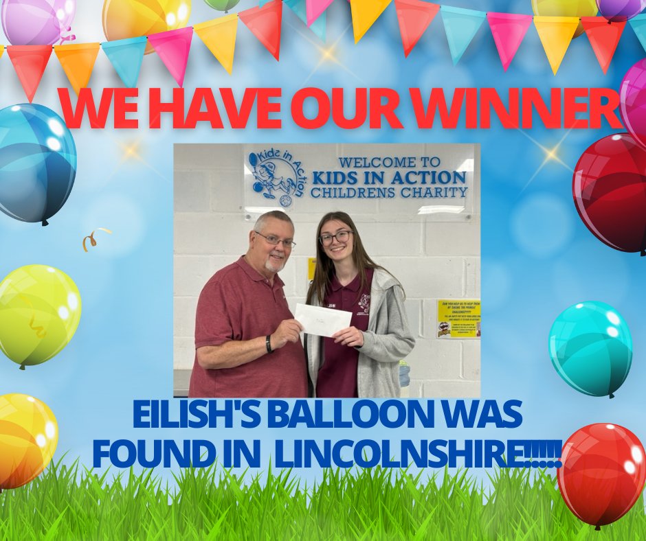 The winner of the Kids in Action Balloon Race 2023 is ...................
Eilish
Eilish’s balloon was found in Lincolnshire 🎈Well done and thank you to everyone who took part!!!  #kidsinaction #charity #balloonrace #helpustohelpthem