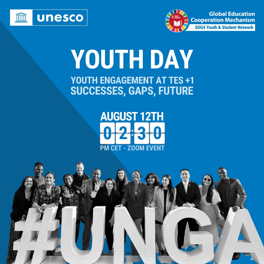 Education2030UN's tweet photo. Join us on the #InternationalYouthDay (12 Aug), 14:30 CET for an empowering online event led by youth! 🌟

Let’s reflect on youth engagement in education, discuss challenges, &amp; shape the future of global education together. 🌍📚 #LeadingSDG4

Register ➡ https://t.co/Hm6w3QUuXH https://t.co/7ZfZ5k0Qdm