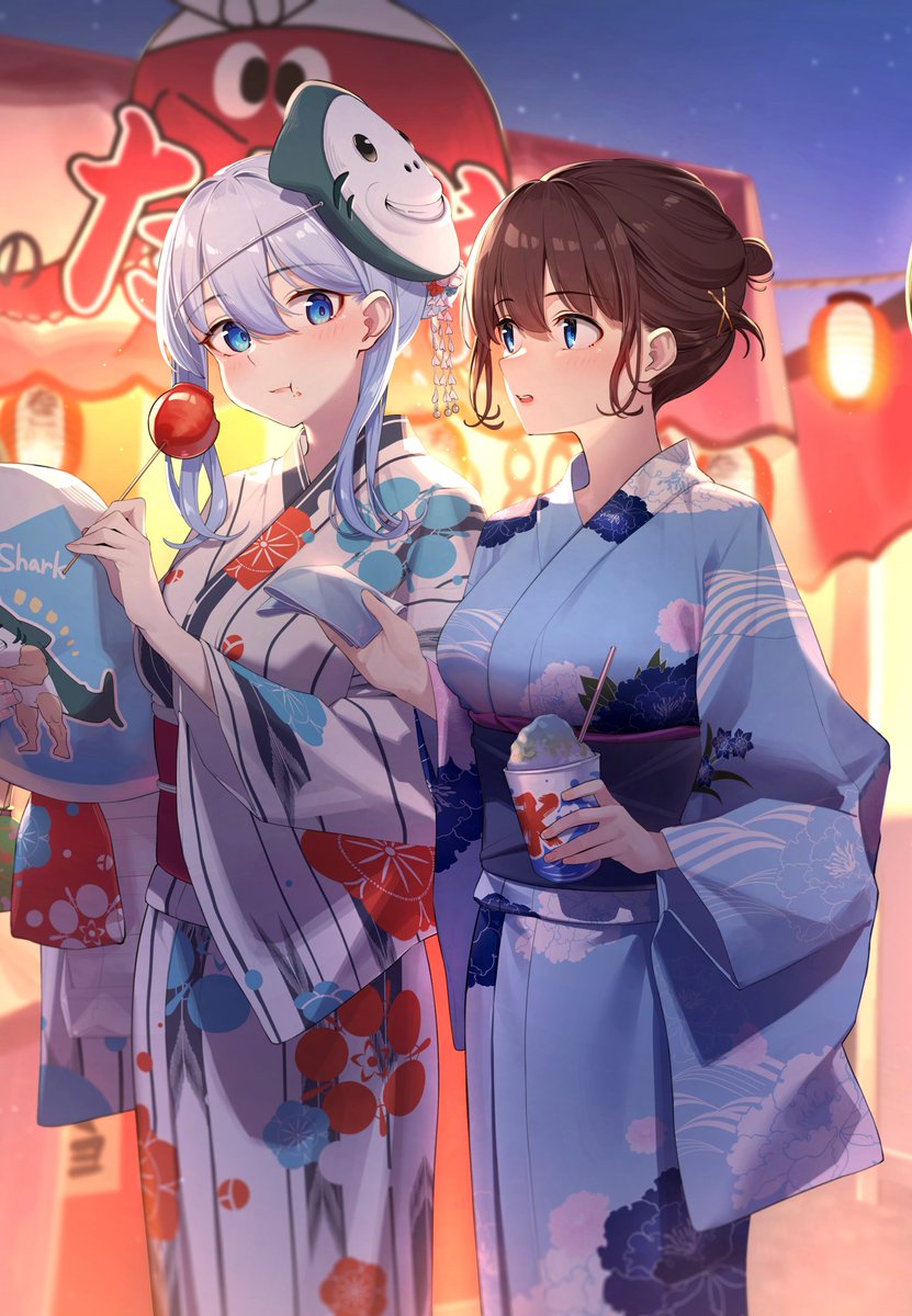 multiple girls 2girls blue eyes kimono japanese clothes food mask  illustration images