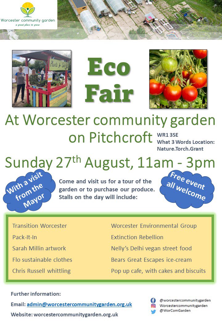 Only 20 days until our #ecofair
So pop Sunday 27 August in your diary, do a little dance for fine weather & we’ll see you in the gardens from 11-3 with
@sarahmillin_  @packitinworcs 
@IceCreamCowBike @nellys_delhi + Flo.Ltd
@WorcesterXr @TheWEGWorcester