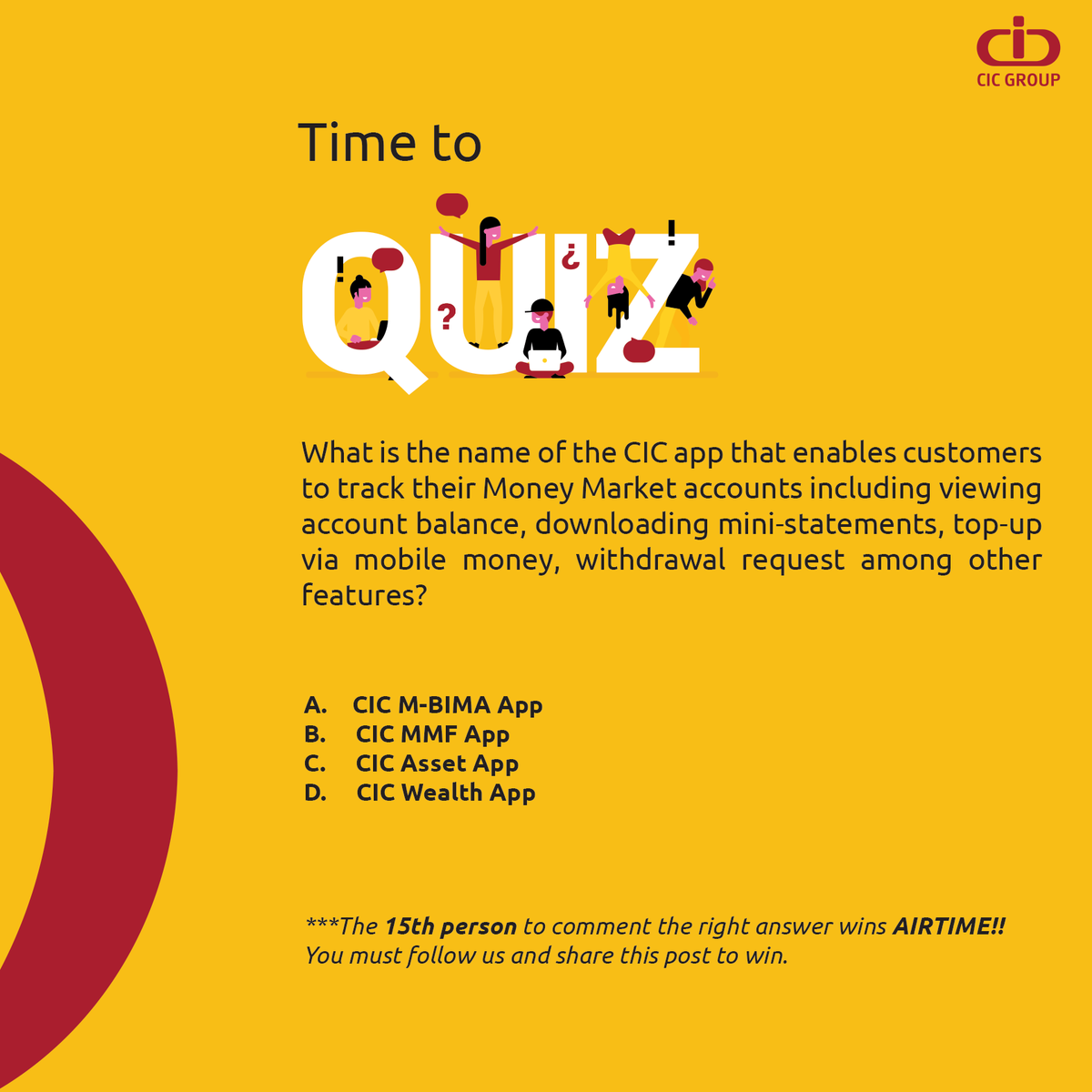 CICGroupPLC's tweet photo. QUIZ 1!
Answer correctly and stand a chance to win FREE AIRTIME!!!
Remember, you must follow our page and retweet this post to win. Good luck.π
#CICQuizWeek