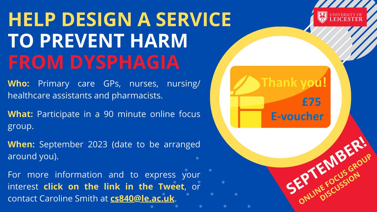 RESEARCH OPPORTUNITY📢
2 focus groups down, 1 to go!
Are you a #primarycare #generalpractitioner, #nurse, nursing/healthcare assistant or #pharmacist?
Help design a new service to prevent harm from #dysphagia.
For more info and to express your interest: forms.office.com/e/D3CzWr0bMf