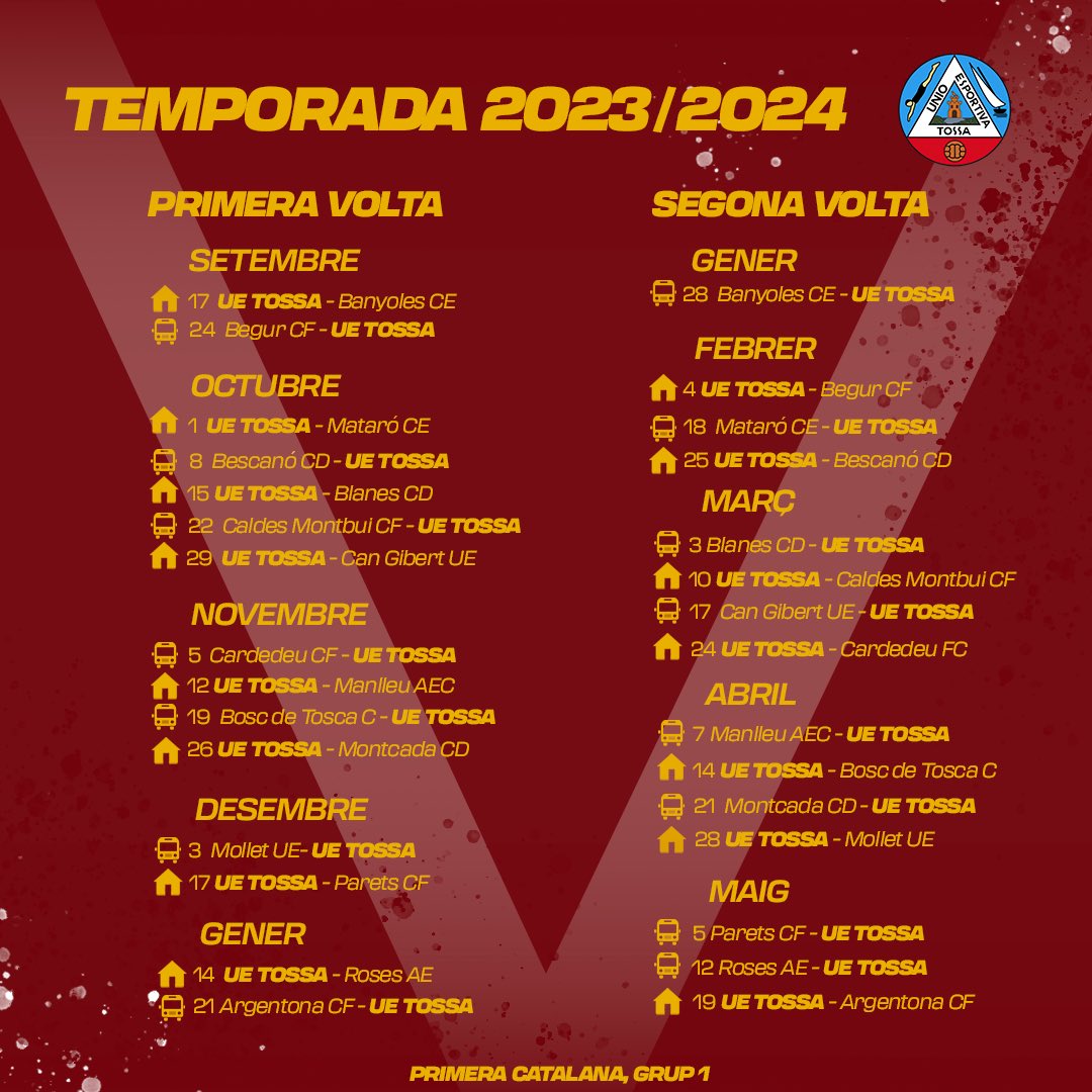 UETOSSA1922's tweet photo. 📅Ja tenim el calendari del primer equip a Primera Catalana.

🤩De quin partit teniu més ganes? 

⏳Comença el compte enrere! https://t.co/dVzqbbI0GD