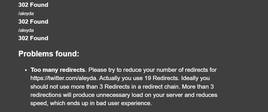 rp_ananth's tweet photo. @Marie_Haynes @glenngabe @lilyraynyc @rustybrick @aleyda  today i observed that twitter profile link on almost every website is 302 with 19 redirects chainloop. This  impacts server load time. is there any fix/solution to this?? https://t.co/UeYrQdi5Cb