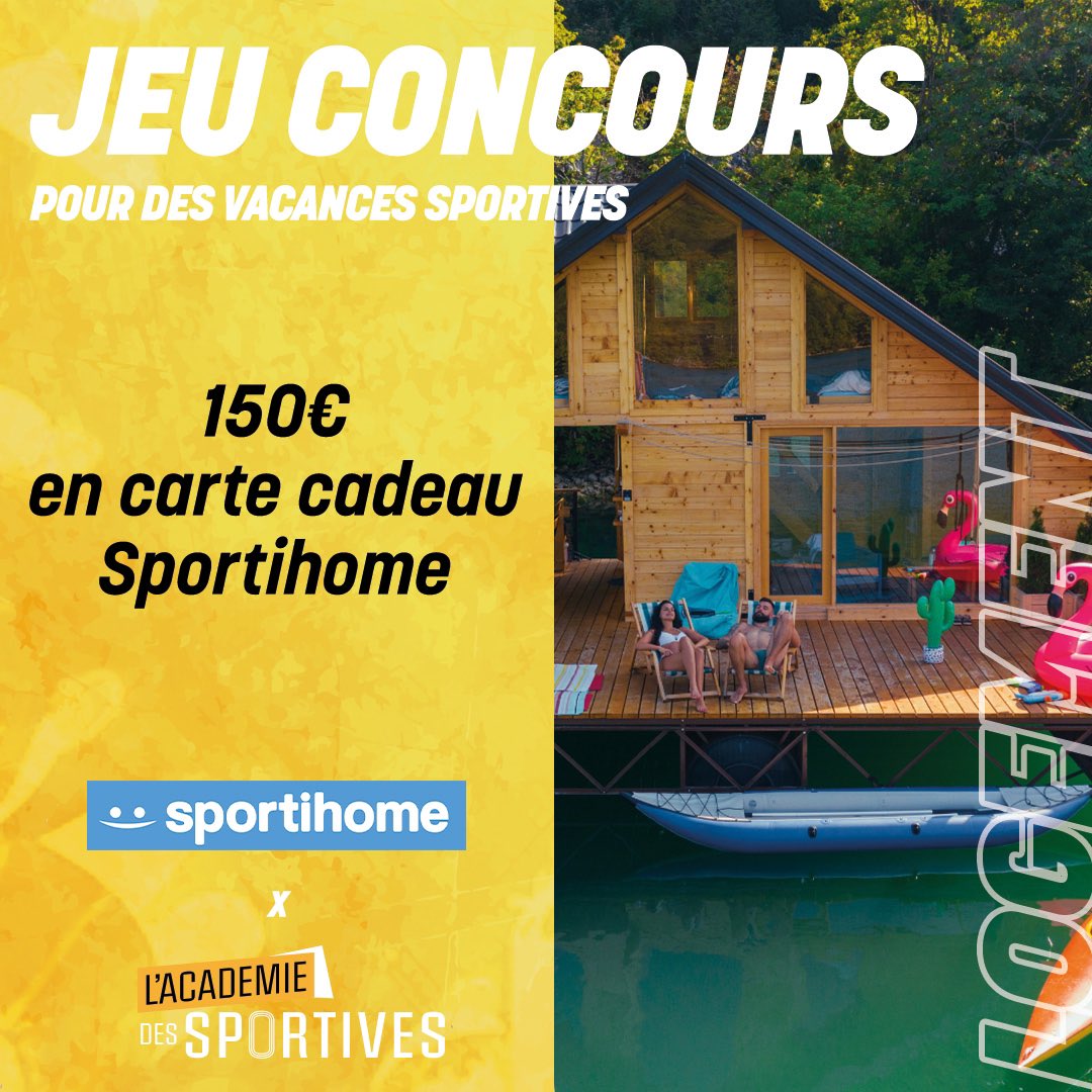 🎁Jeu concours : Académie des Sportives x <a href="/Sportihome/">Sportihome</a> 

Nous sommes ravis de vous proposer un jeu concours pour vous faire gagner des vacances sportives, avec <a href="/Sportihome/">Sportihome</a>.  

👉Pour participer : 
- Avoir contribué à la campagne <a href="/ululeFR/">Ulule FR</a> : fr.ulule.com/academie-des-s…

🍀Bonne chance