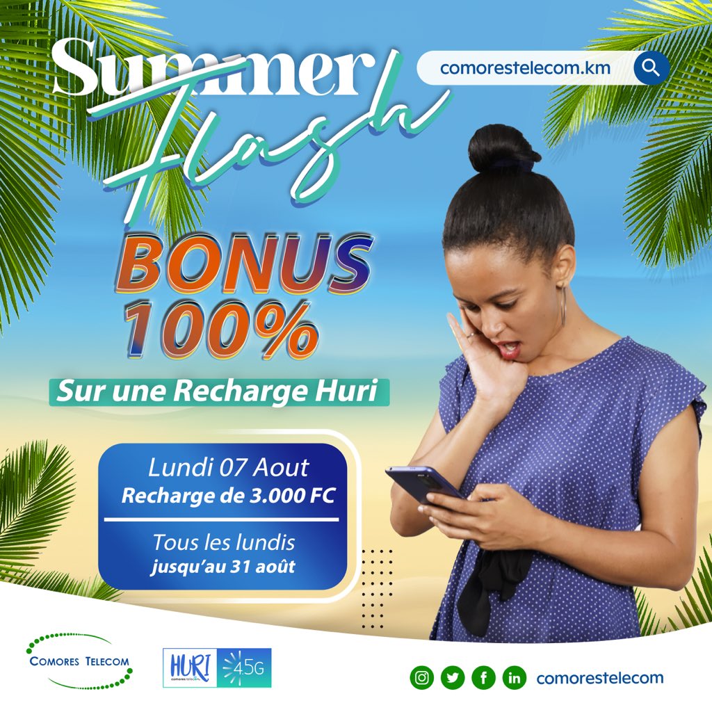 comores_telecom's tweet photo. 🎉 🎁 Qui dit lundi, dit #SummerFlash! 😍

Pour ce lundi 07 août, les bonus 100% seront valables sur les recharges de 3000 FC 💵 

C’est un plaisir de vous faire plaisir 🥳🤩

#promo #summerflash #bonus #ComoresTelecom #comores 🇰🇲 https://t.co/eMsi5EqfuY