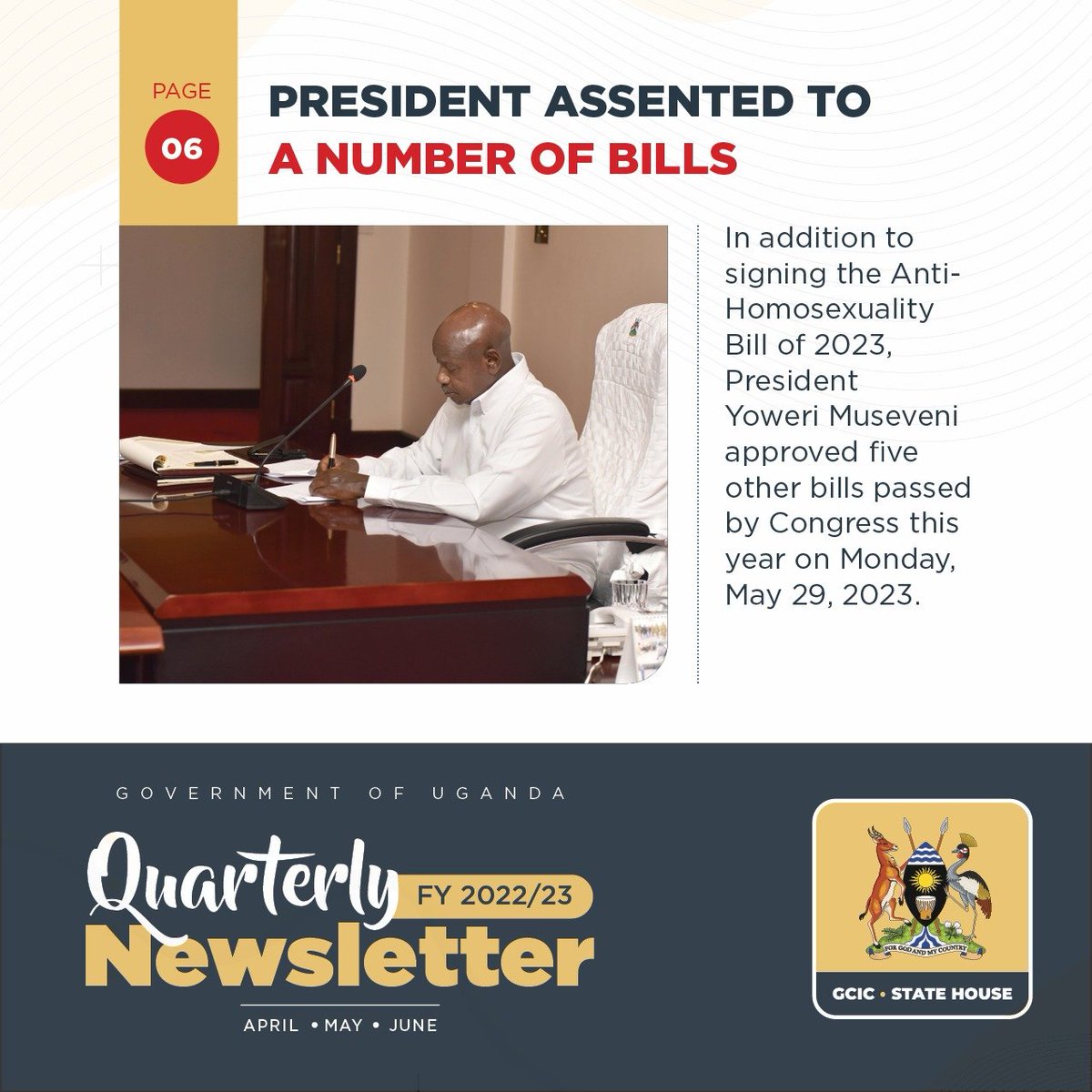 akenatoday's tweet photo. President Yoweri Museveni signed Anti-Homosexuality Bill, approved five other bills passed by Congress. Page 6 #GCICNewsletter https://t.co/VCPfU4MZhz https://t.co/xoVu474sU9